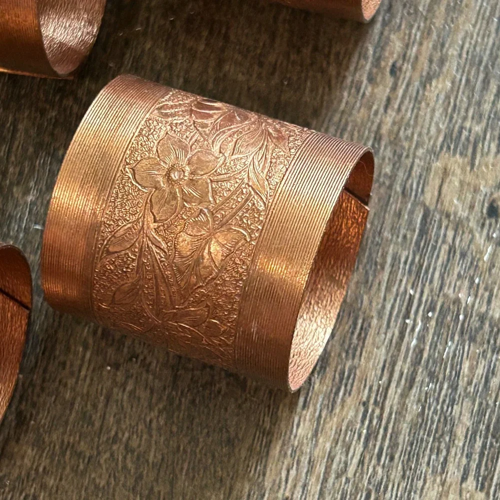 Vintage Coppercraft Guild Copper Napkin Rings Set of 8 Tooled Floral Pattern